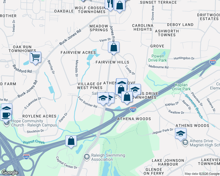 map of restaurants, bars, coffee shops, grocery stores, and more near 425 Jones Franklin Road in Raleigh