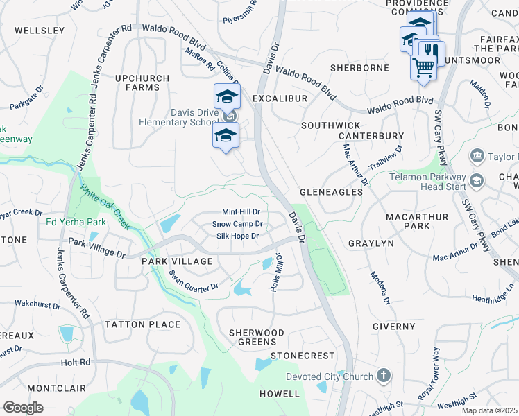 map of restaurants, bars, coffee shops, grocery stores, and more near 120 Mint Hill Drive in Cary