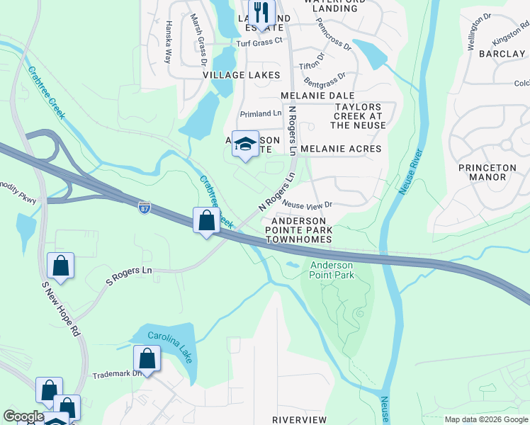 map of restaurants, bars, coffee shops, grocery stores, and more near 102 North Rogers Lane in Raleigh