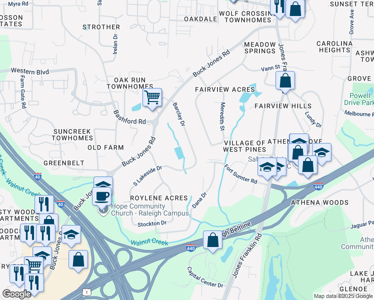 map of restaurants, bars, coffee shops, grocery stores, and more near 5313 Barclay Drive in Raleigh