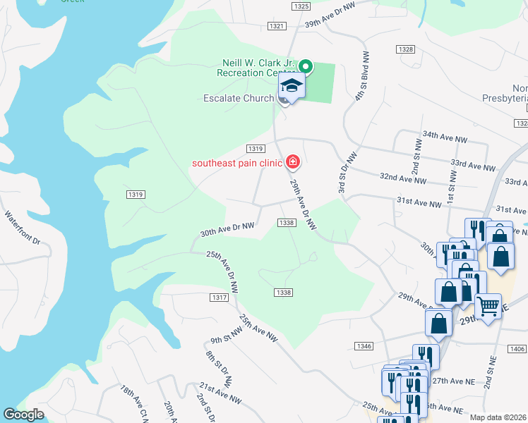 map of restaurants, bars, coffee shops, grocery stores, and more near 515 30th Avenue Northwest in Hickory