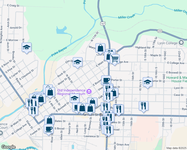 map of restaurants, bars, coffee shops, grocery stores, and more near 1087 East College Avenue in Batesville