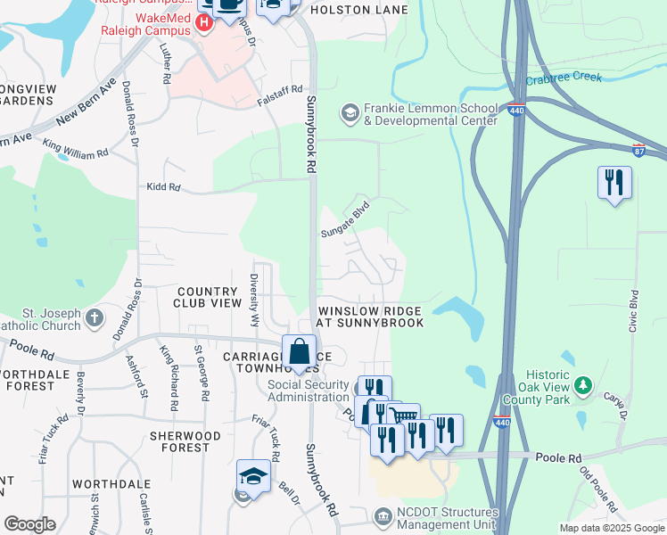 map of restaurants, bars, coffee shops, grocery stores, and more near 3301 Sungrove Ln in Raleigh