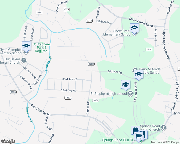 map of restaurants, bars, coffee shops, grocery stores, and more near 3341 28th Street Northeast in Hickory