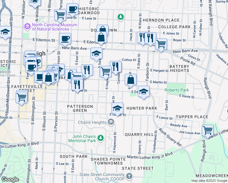 map of restaurants, bars, coffee shops, grocery stores, and more near 720 E Davie St in Raleigh