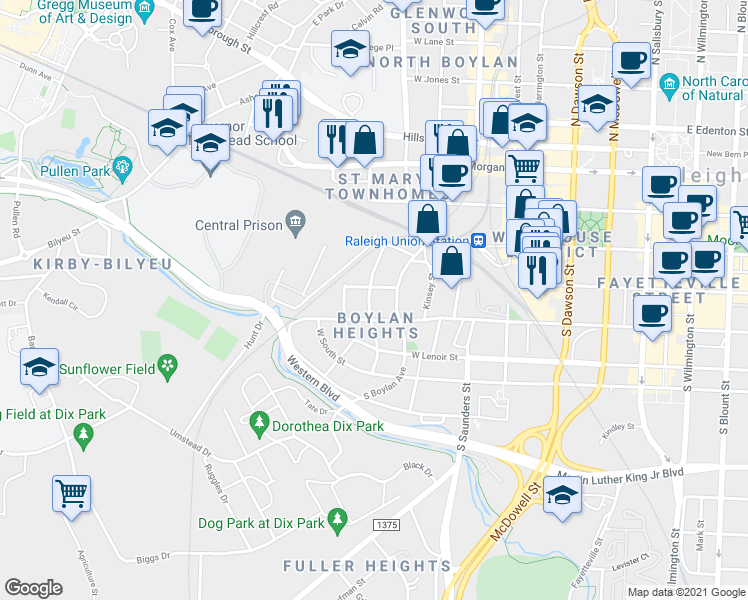 map of restaurants, bars, coffee shops, grocery stores, and more near 411 Cutler Street in Raleigh