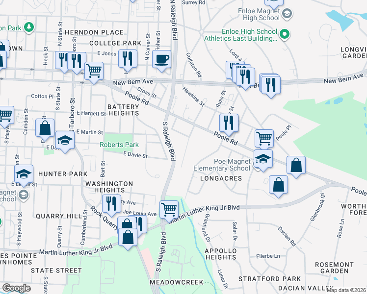 map of restaurants, bars, coffee shops, grocery stores, and more near 317 Angier Avenue in Raleigh