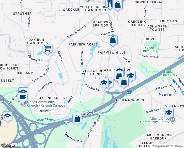 map of restaurants, bars, coffee shops, grocery stores, and more near 5223 Westpine Court in Raleigh