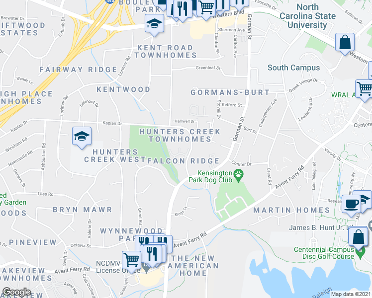map of restaurants, bars, coffee shops, grocery stores, and more near 2061 Trexler Court in Raleigh