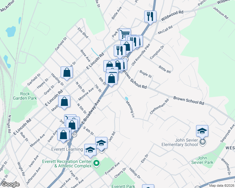 map of restaurants, bars, coffee shops, grocery stores, and more near 2010 Old Knoxville Pike in Maryville