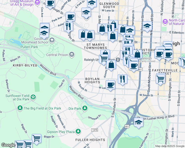map of restaurants, bars, coffee shops, grocery stores, and more near 411 Cutler Street in Raleigh