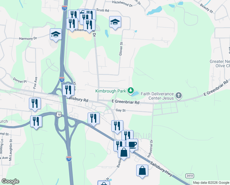 map of restaurants, bars, coffee shops, grocery stores, and more near 1717 East Greenbriar Road in Statesville