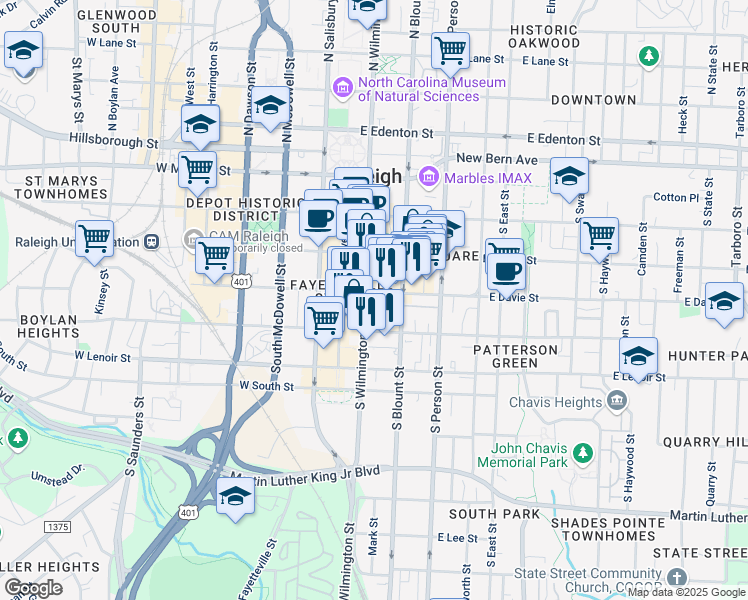 map of restaurants, bars, coffee shops, grocery stores, and more near 100 East Davie Street in Raleigh