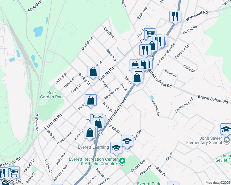 map of restaurants, bars, coffee shops, grocery stores, and more near 121 North 6th Street in Maryville