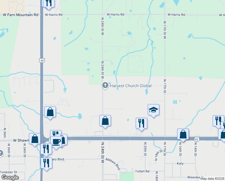map of restaurants, bars, coffee shops, grocery stores, and more near 2220 North 24th Street West in Muskogee