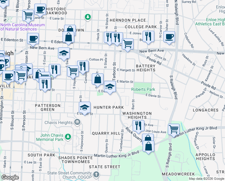 map of restaurants, bars, coffee shops, grocery stores, and more near 324 South Tarboro Street in Raleigh