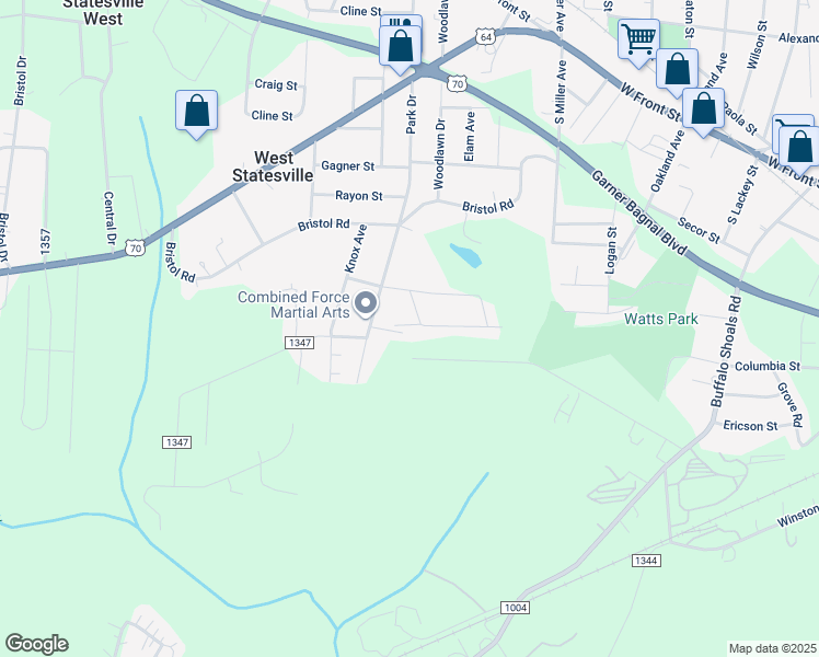 map of restaurants, bars, coffee shops, grocery stores, and more near 945 Park Drive in Statesville