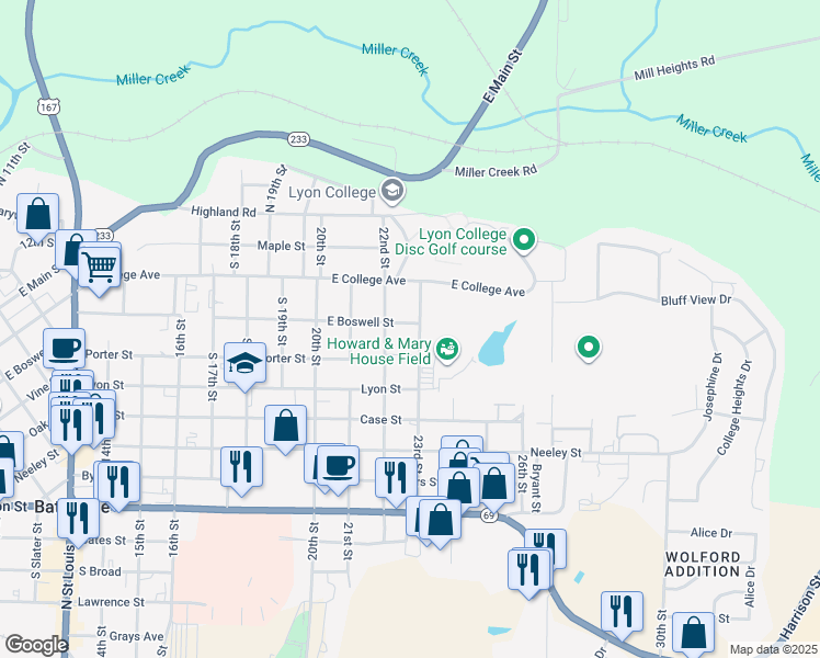 map of restaurants, bars, coffee shops, grocery stores, and more near 420 23rd Street in Batesville