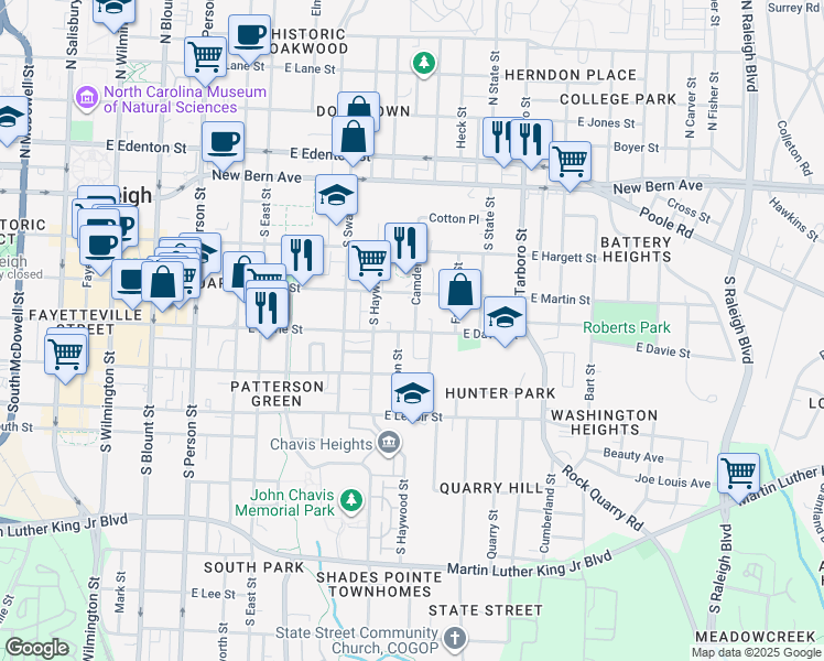 map of restaurants, bars, coffee shops, grocery stores, and more near 720 East Davie Street in Raleigh