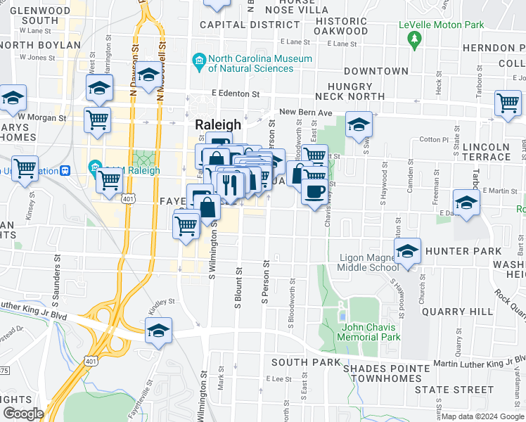 map of restaurants, bars, coffee shops, grocery stores, and more near 403 South Blount Street in Raleigh