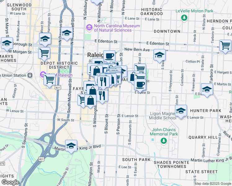 map of restaurants, bars, coffee shops, grocery stores, and more near 403 South Blount Street in Raleigh