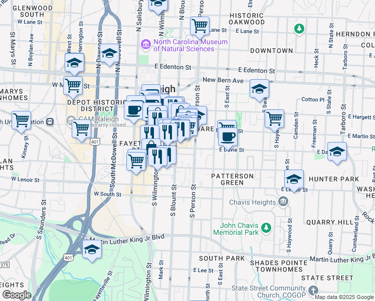 map of restaurants, bars, coffee shops, grocery stores, and more near 403 South Blount Street in Raleigh
