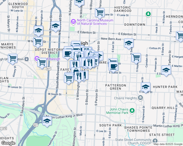 map of restaurants, bars, coffee shops, grocery stores, and more near 403 South Blount Street in Raleigh