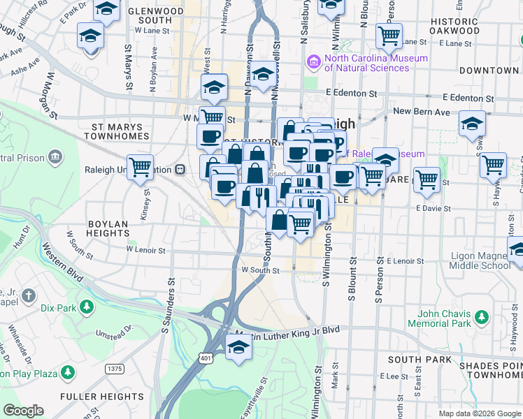 map of restaurants, bars, coffee shops, grocery stores, and more near in Raleigh