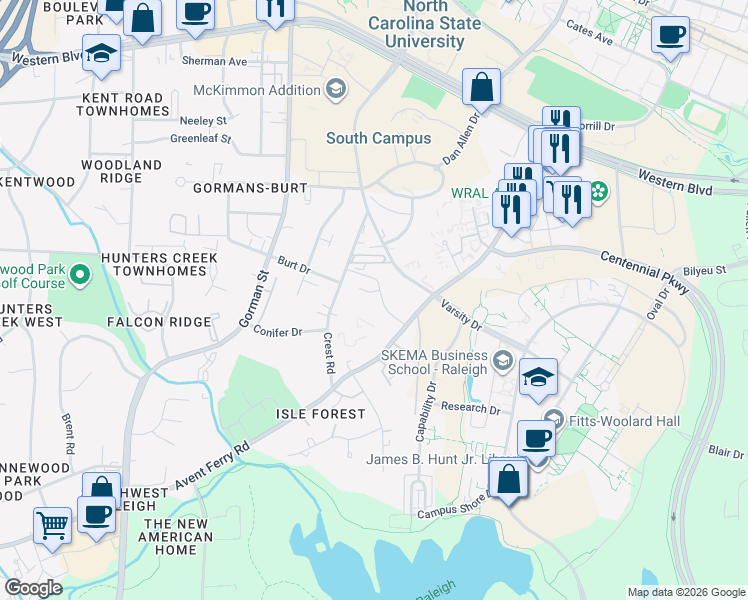 map of restaurants, bars, coffee shops, grocery stores, and more near 2510 Avent Ferry Road in Raleigh