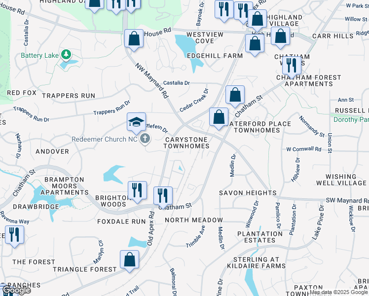 map of restaurants, bars, coffee shops, grocery stores, and more near 102 Virginia Place in Cary