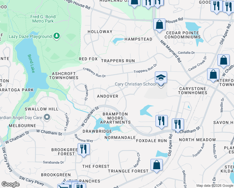 map of restaurants, bars, coffee shops, grocery stores, and more near 102 Oxpens Road in Cary