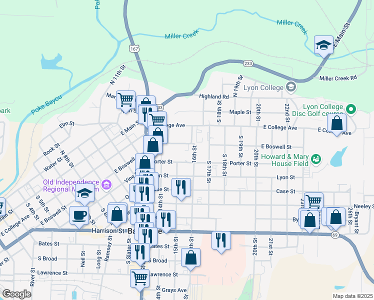 map of restaurants, bars, coffee shops, grocery stores, and more near 1487 Porter Street in Batesville