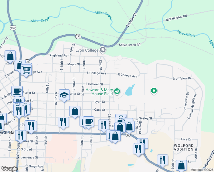 map of restaurants, bars, coffee shops, grocery stores, and more near 420 23rd Street in Batesville