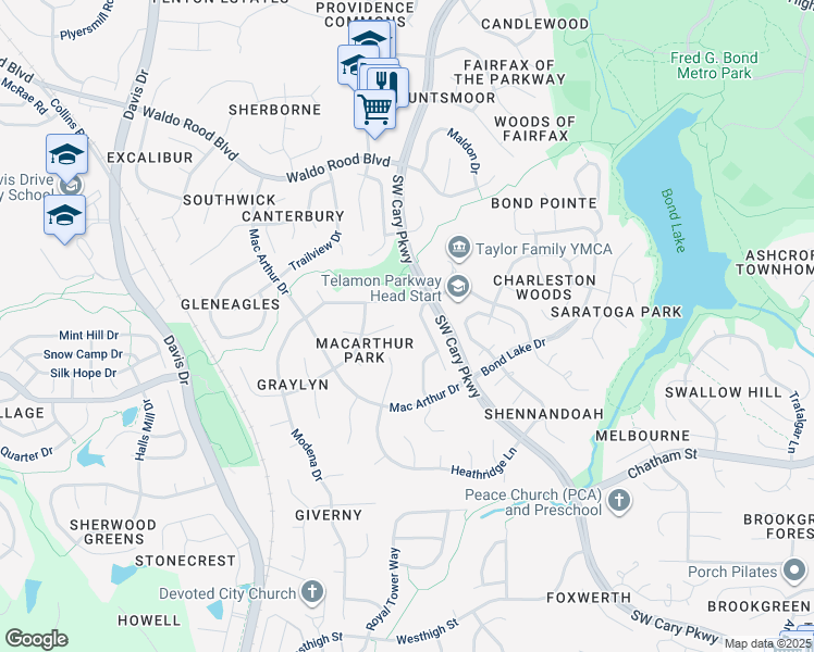 map of restaurants, bars, coffee shops, grocery stores, and more near 112 Widecombe Court in Cary