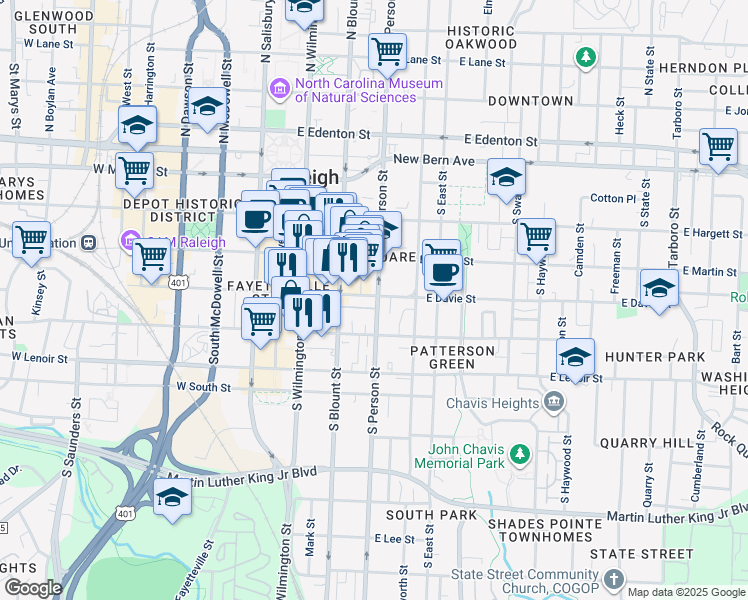 map of restaurants, bars, coffee shops, grocery stores, and more near 286 East Davie Street in Raleigh