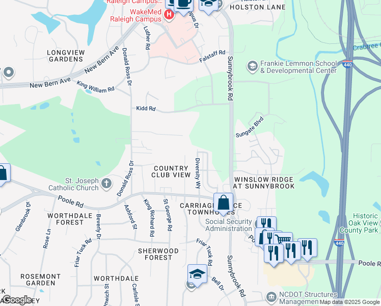 map of restaurants, bars, coffee shops, grocery stores, and more near 601 Rawls Drive in Raleigh