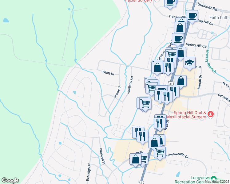 map of restaurants, bars, coffee shops, grocery stores, and more near 1731 Shane Drive in Spring Hill
