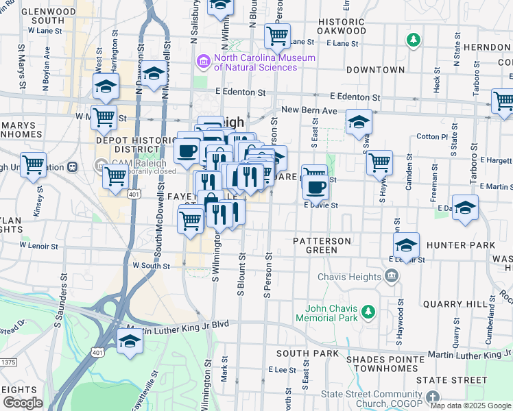 map of restaurants, bars, coffee shops, grocery stores, and more near 240 East Davie Street in Raleigh
