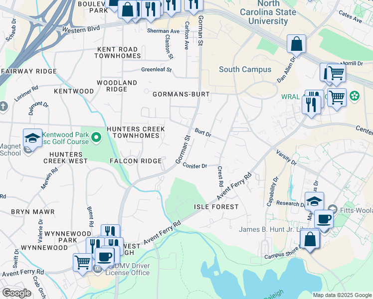 map of restaurants, bars, coffee shops, grocery stores, and more near 1701 Gorman Street in Raleigh