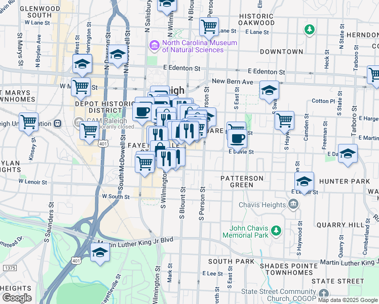 map of restaurants, bars, coffee shops, grocery stores, and more near 222 East Davie Street in Raleigh