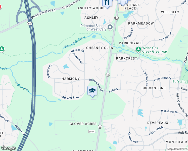 map of restaurants, bars, coffee shops, grocery stores, and more near 6824 Turner Creek Road in Cary