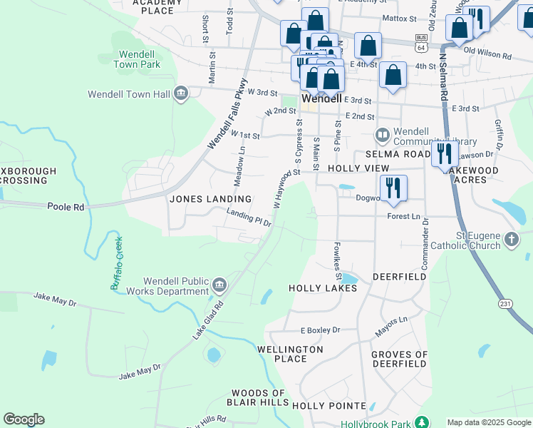 map of restaurants, bars, coffee shops, grocery stores, and more near 184 West Haywood Street in Wendell