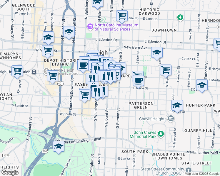 map of restaurants, bars, coffee shops, grocery stores, and more near 403 South Blount Street in Raleigh