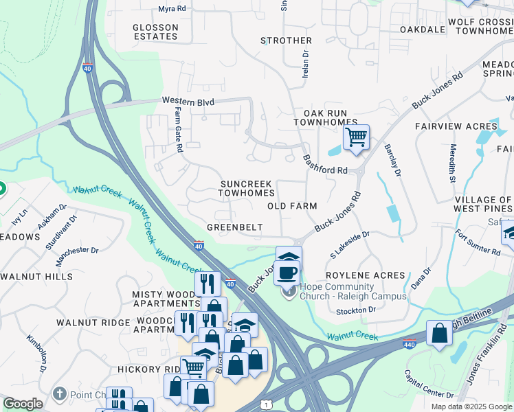 map of restaurants, bars, coffee shops, grocery stores, and more near 5916 Suncreek Court in Raleigh