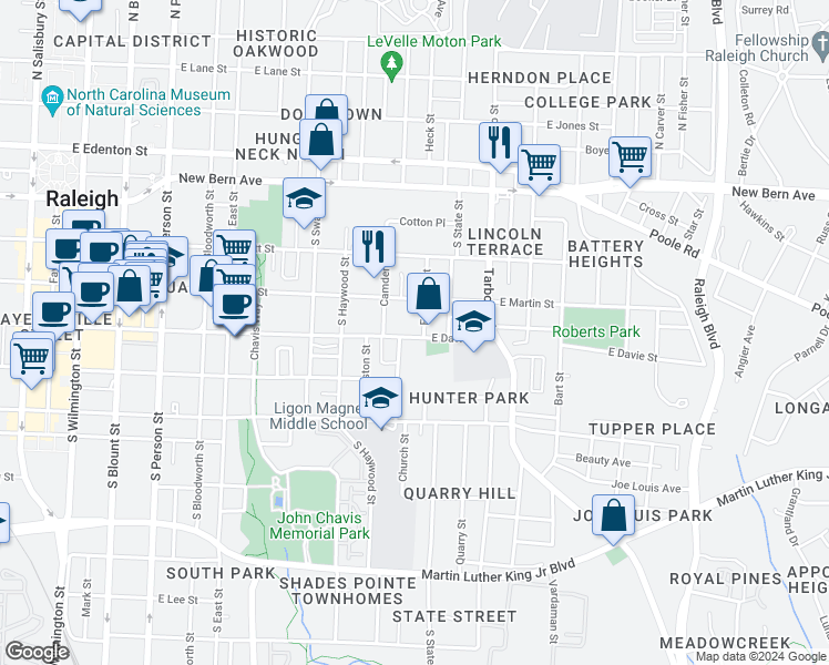 map of restaurants, bars, coffee shops, grocery stores, and more near 815 East Davie Street in Raleigh