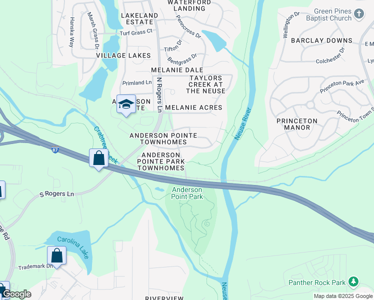 map of restaurants, bars, coffee shops, grocery stores, and more near 5408 Neuse View Drive in Raleigh