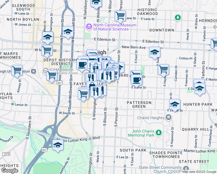 map of restaurants, bars, coffee shops, grocery stores, and more near 403 South Blount Street in Raleigh