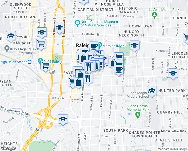 map of restaurants, bars, coffee shops, grocery stores, and more near 403 South Blount Street in Raleigh