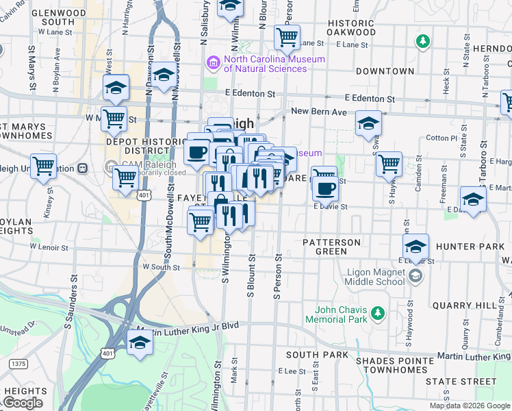 map of restaurants, bars, coffee shops, grocery stores, and more near 403 South Blount Street in Raleigh