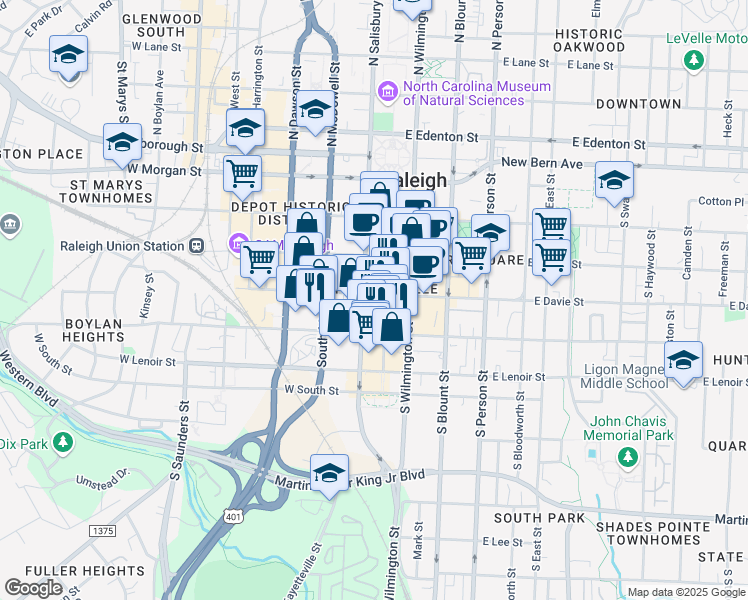 map of restaurants, bars, coffee shops, grocery stores, and more near in Raleigh
